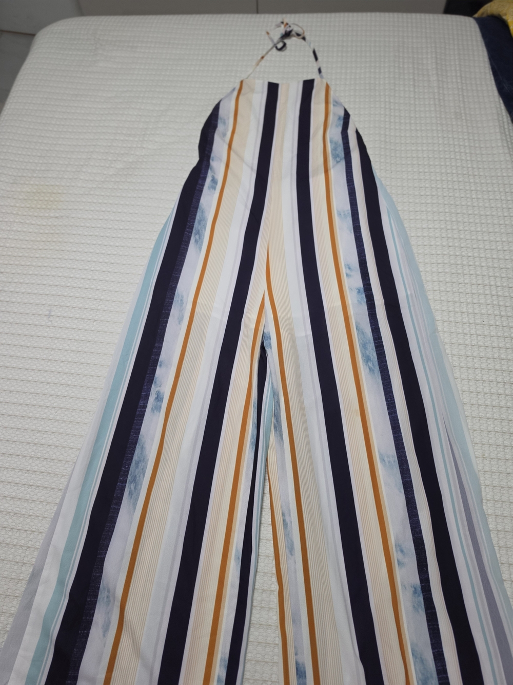 L'ATISTE Striped Halter Jumpsuit in Navy, White & Mustard